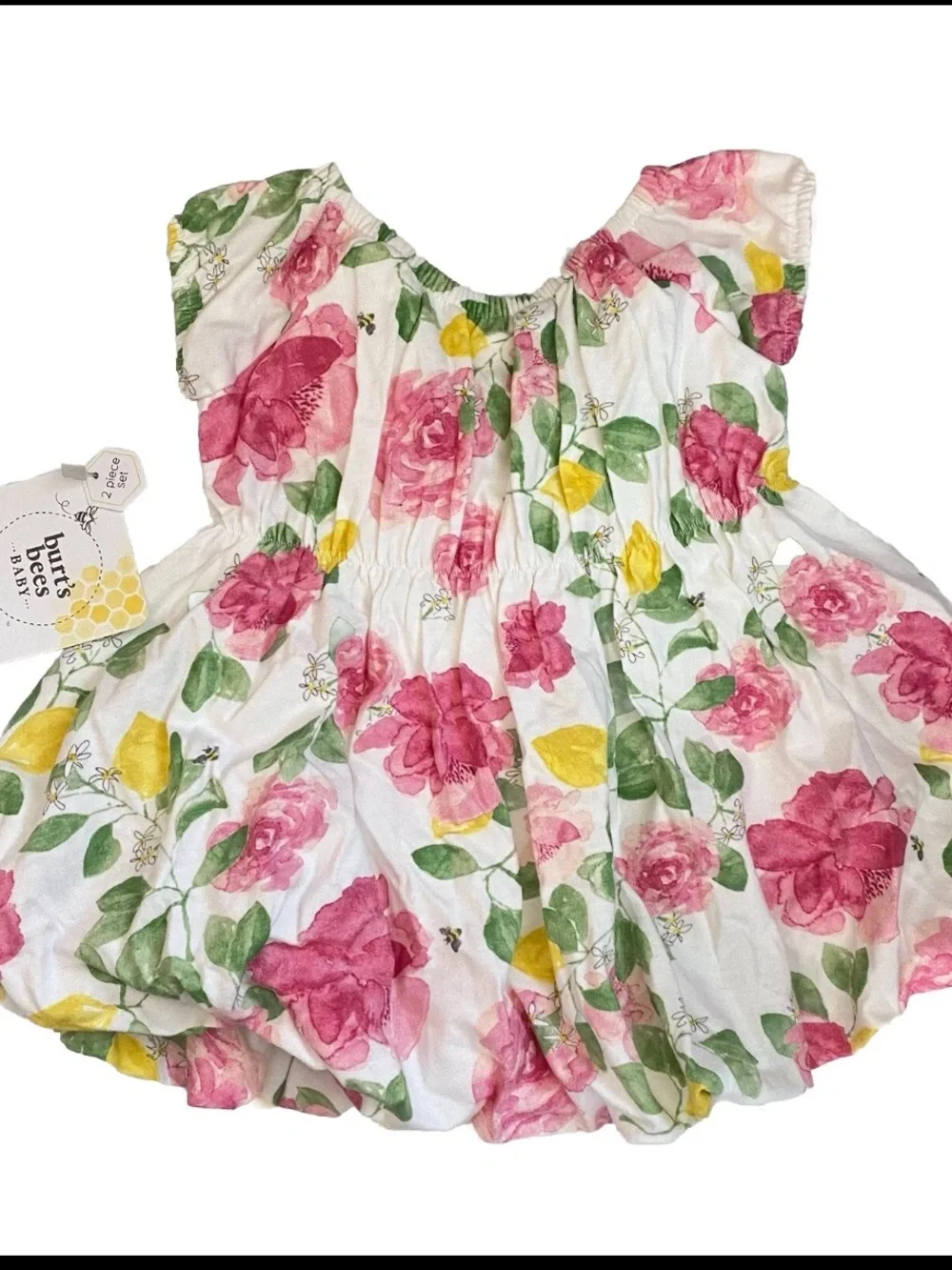 Burt's Bees Baby White Floral Pink Girls Ruffled Cotton Dress, 6M NWT